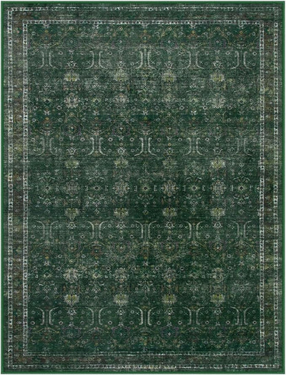 Moynesa Green 8x10 Living Room Rug, Vintage Washable Area Rug for Bedroom Dining Room Office, Low Pile Soft Non-Slip Retro Accent Carpets for Kitchen Indoor Nursery