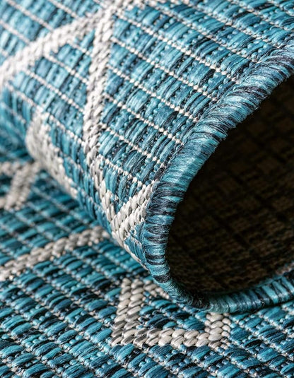 Unique Loom Outdoor Trellis Collection Area Rug - Tribal Trellis (5' 3" x 8' Oval, Teal/ Ivory)