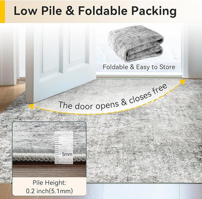 Washable Area Rugs 2'x6' Non-Slip Modern Abstract Soft for Living Room Entryway Bedroom Nursery, Print Pattern, Gray White Grey