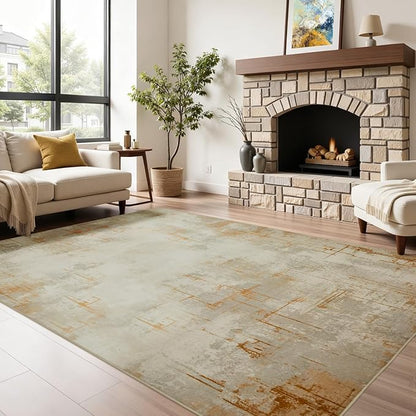 Joydeco 5x7 Area Rugs for Living Room, Washable Modern Abstract Non Slip Soft Rug, Low Pile Carpet for Bedroom, Dining Room, Home Office, Pet & Child Friendly, Light Brown & White&Beige