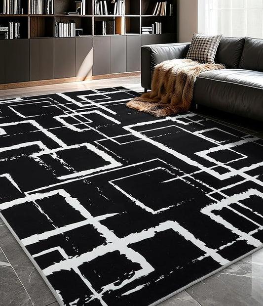 YIHOUSE Black Modern Geometric Area Rug 6x9, Black and White Rug with Abstract Rectangular Patterns,Non-Shedding Washable Rugs for Bedroom, Home Office and Living Room