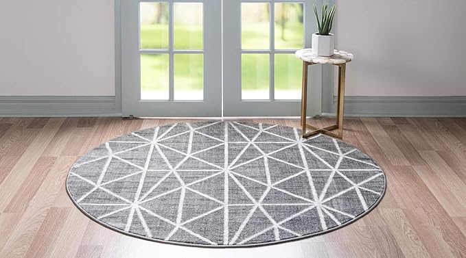 Rugs.com Lattice Trellis Collection Rug – 3 Ft Round Gray Low-Pile Rug Perfect for Kitchens, Dining Rooms