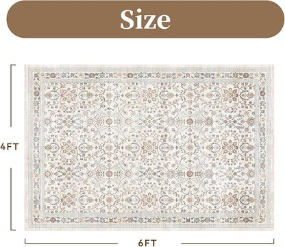 MontVoo-Vintage Area Rug 4X6 Beige Rugs for Living Room-Soft Distressed Printed Rugs for Bedroom-Non Slip Carpet-Machine Washable Rug for Dining Room Living Room Bedside Office