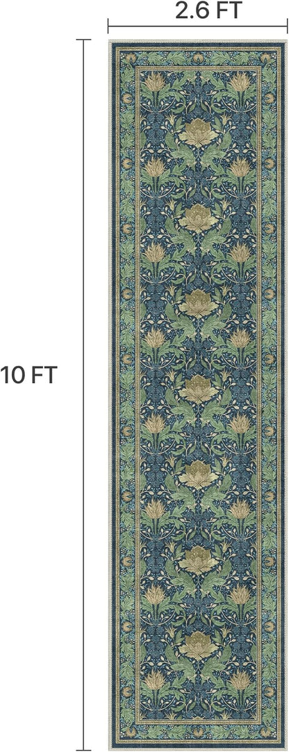Bavni 2'6''x10 Runner Rug,Microfiber Washable Non-Slip Vintage Floral Rugs,Low Pile Lightweight Carpet for Bedroom,Hallway,Entryway,Kitchen,Bathroom, Tea Green/Blue