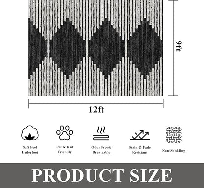 HelloTree Area Rug for Living Room 9x12 Washable Geometric Moroccan Rug Stripe Farmhouse Bohemian Minimalistic Non Slip Non Shedding Ultra Thin Soft Rug for Bedroom Office DiningRoom Nursery-Black