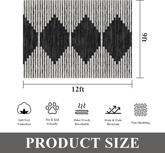 HelloTree Area Rug for Living Room 9x12 Washable Geometric Moroccan Rug Stripe Farmhouse Bohemian Minimalistic Non Slip Non Shedding Ultra Thin Soft Rug for Bedroom Office DiningRoom Nursery-Black