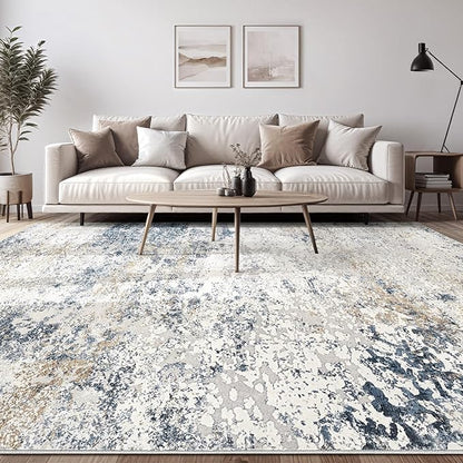 Area Rug Living Room Rugs - 10x13 Large Soft Indoor Neutral Modern Abstract Low Pile Washable Rug Carpet for Bedroom Dining Room Farmhouse Home Office - Beige Blue