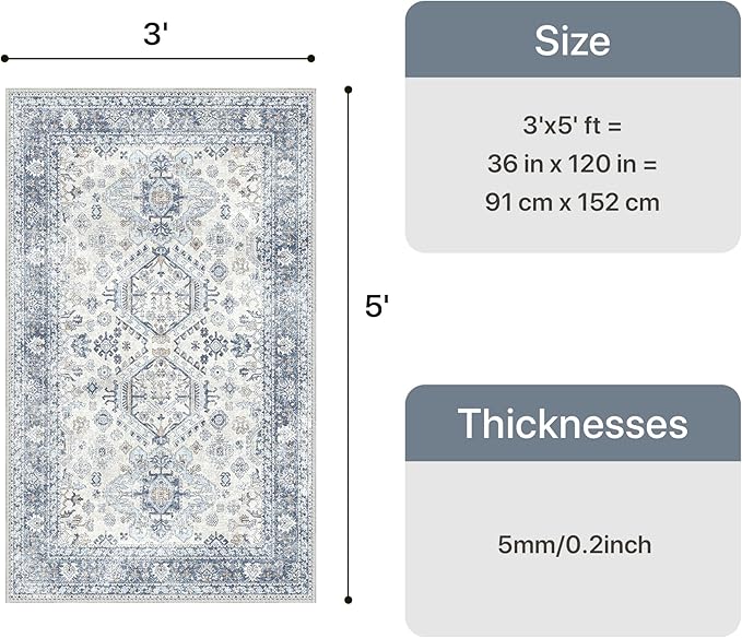 Bavni 3x5 Area Rug for Living Room Bedroom, Washable Boho Print Vintage Aesthetic Rug, Ultra-Thin Low Pile Rugs for Entryway Playroom with Non Slip Backing, Light Blue