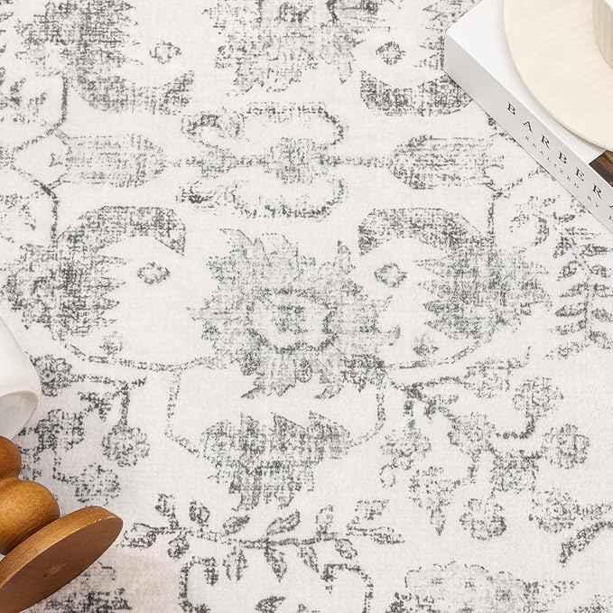 Gray Runner Rug 3x7 Hallway Machine Washable Kitchen Vintage Distressed Non Slip Long Carpet Indoor Grey Retro Floral Bedroom Accent Throw Rug for Bathroom Office Laundry Dining Living Room