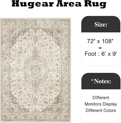 HUGEAR Area Rug 6x9 Vintage Brown Machine Washable Living Room Rugs Thin Neutral Floral Vacuumable Low Pile Carpet Bedroom Office Dining Room Laundry Room Non Slip Soft Lightweight