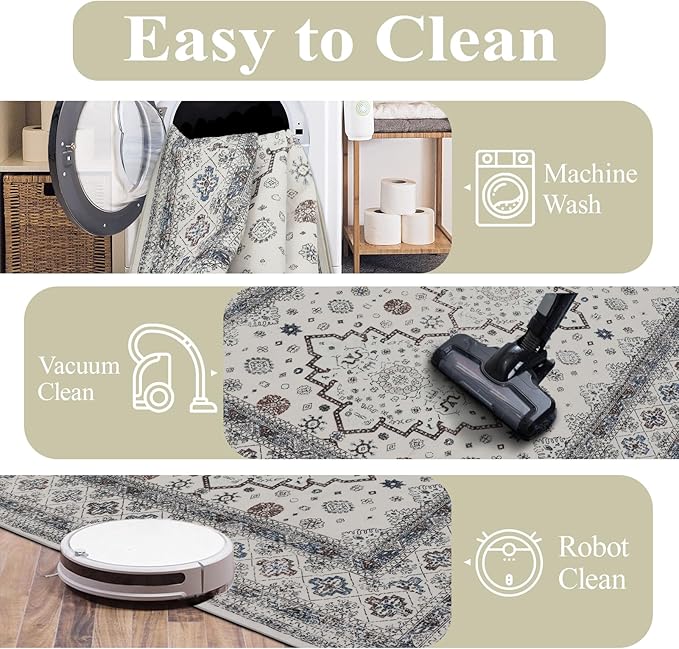 Washable Rugs 5x7 Area Rugs for Living Room, Thin carpet for Bedroom, Soft Faux Wool Retro Dining Room Rug，Non Slip&Non-Shedding Resistant Low Pile Vintage Print Rug for Home Office (White Cream/Gray)