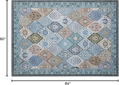 Phantoscope Washable Area Rug 5'x7' Non-Slip, Vintage Boho Rugs for Living Room, Bedroom, Dining Room, Distressed Moroccan Mosaic Diamond Pattern, Low-Pile Foldable Floor Carpet, Blue Teal/Neutral