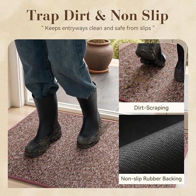 MontVoo Door Mat Indoor Entrance Doormat, Absorbent Durable Rubber Non Slip Front Door Mat for Inside Entry Entryway Dirt Trapper Welcome Mat, Red 17''x30''