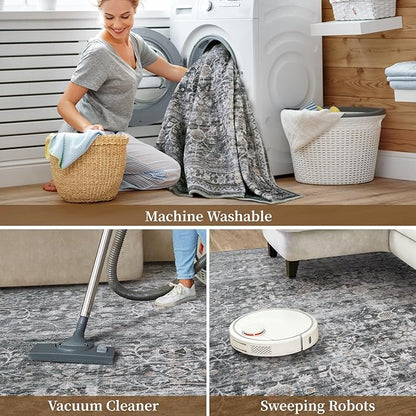 MontVoo-Vintage Area Rug 9X12 Grey Rugs for Living Room-Soft Distressed Printed Rugs for Bedroom-Non Slip Carpet-Machine Washable Rug for Dining Room Living Room Bedside Office
