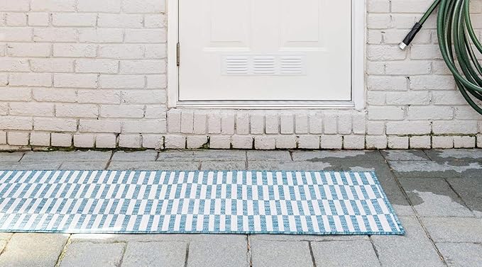 Unique Loom Outdoor Striped Collection Area Rug - Striped (2' x 6' 1" Runner, Light Aqua/Ivory)