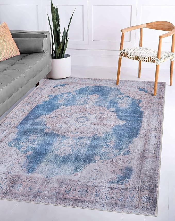 GLN Rugs Traditional Collection - Machine Washable Area Rug, Traditional Washable, Non Slip, Low Pile Chenille Rug, Living Room, Bedroom, Kitchen Rug (8' x 10' Cream/Navy)