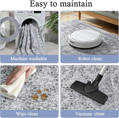 4x6 Area Rug for Bedroom Machine Washable, Non Slip Vintage Floral Kitchen Rugs for Dining Room,Rustic Indoor Floor Carpet for Kids Room, Playroom, Office Classroom Faded Grey