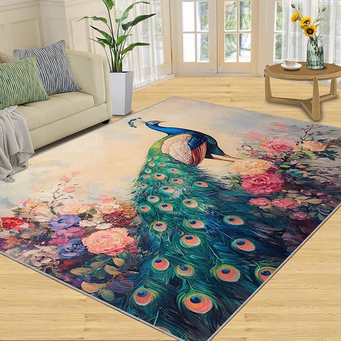 Peacock Peony Rug 3x5-3x5 Rug, Classic Peacock Peony Area Rugs for Bedroom, Teal Turquoise Rugs for Living Room, Peafowl Washable Mat, Malachite Green Feather Carpet - Peafowl Home Decor & Gifts
