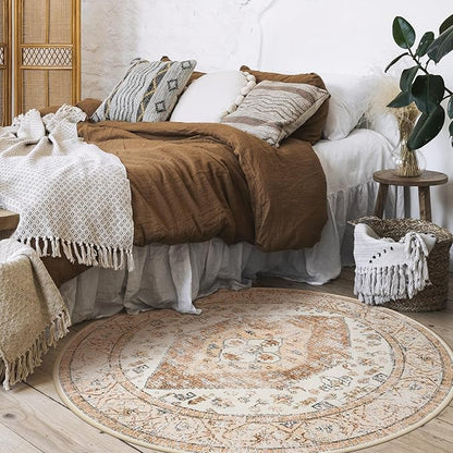 Lahome Boho Round Area Rug - 5Ft Machine Washable Round Bedroom Rugs Non-Slip Throw Large Round Rugs for Living Room, Oriental Distressed Print Circle Rugs for Office Dining Room Kitchen Classroom