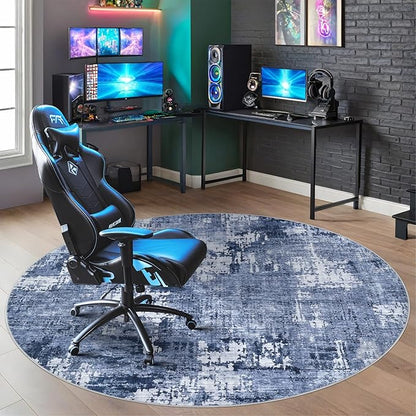 8ft Round Area Rug Living Room Rugs - 8x8 Washable Large Soft Indoor Neutral Modern Abstract Low Pile Rug Carpet for Bedroom Dining Room Farmhouse Home Office - Navy Blue