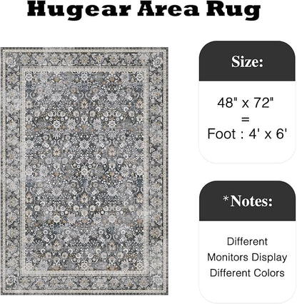 HUGEAR 4x6 Machine Washable Rugs Black Grey Hallway Area Rug Indoor Accent Rug Floral Low Pile Carpet Soft Throw Rug Bedroom Living Room Office Dining Room Kitchen Laundry Room Non Slip