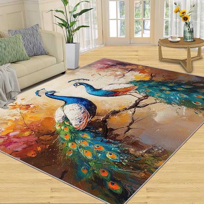 Peacock Rug 3x5-3x5 Rug, Classic Peafowl Floral Area Rugs for Bedroom, Peacock Couples Rugs for Living Room, Oil Painting Art Washable Mat, Aesthetics Carpet - Peafowl Home Decor & Gifts