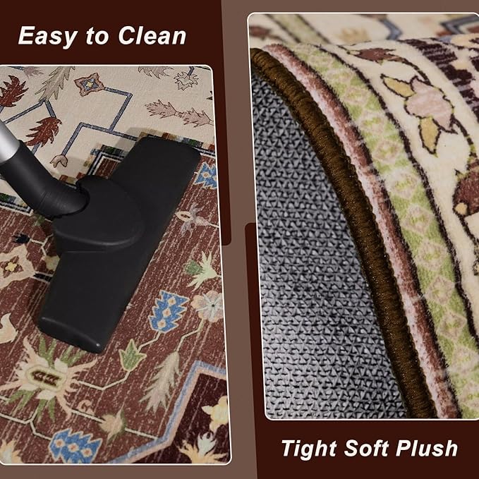 6x9 Mousse Brown Area Rug for Living Room, Machine Washable Rugs with Non-Slip Backing for Bedroom, Vintage Medallion Carpet Dining Room Office Kids Room Decor