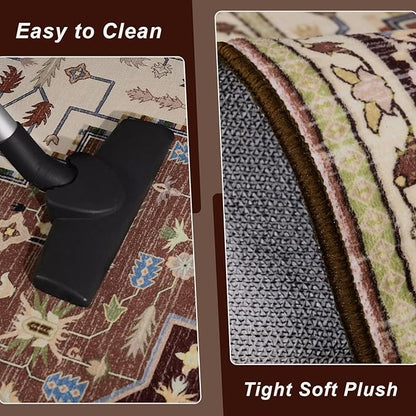 5x7 Mousse Brown Area Rug for Living Room, Machine Washable Rugs with Non-Slip Backing for Bedroom, Vintage Medallion Carpet Dining Room Office Kids Room Decor