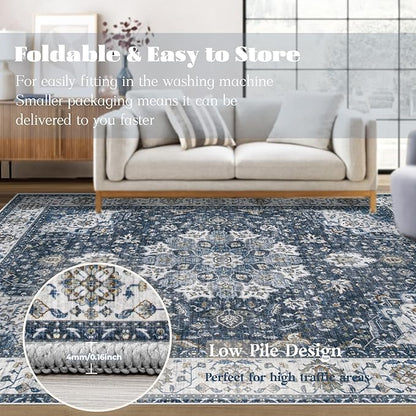 Area Rug 9x12 Washable Rug, Vintage Boho Medallion Rugs Non-Slip Soft Low Pile Large Distressed Rug Indoor Retro Carpet for Living Room Bedroom Dining Room Home Office (Vintage Blue, 9'x12')