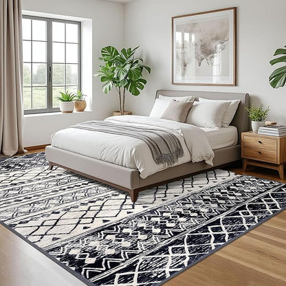 KUTA Moroccan Area Rugs 9x12 Living Room Black Navy Blue, Large Washable Boho Rug Non-Slip, Ultra Soft Geometric Tribal Traditional Farmhouse Carpet for Dining Bedroom Dorm Office Home