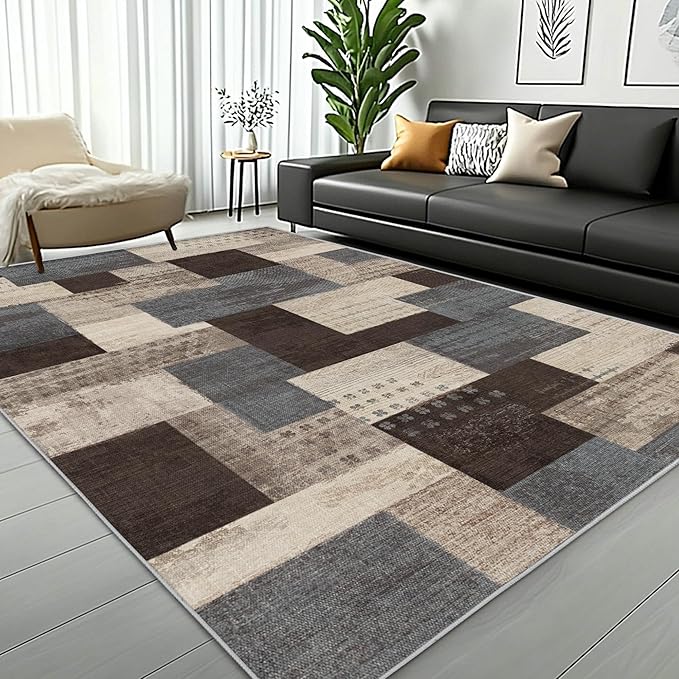 Modern Geometric Patchwork Indoor Area Rug for Living Room, Blue-Taupe 5'x 7' Large Rug Rockwood Collection Hardwood Floors Decor for Bedroom, Blue Throw Carpet for Office Entryway Dining Room