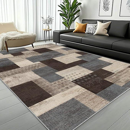 Modern Geometric Patchwork Indoor Area Rug for Living Room, Blue-Taupe 9'x 12' Large Rug Rockwood Collection Hardwood Floors Decor for Bedroom, Blue Throw Carpet for Office Entryway Dining Room