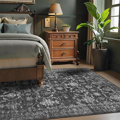 Washable Area Rug 4x6 Black Rugs for Living Room, Vintage Boho Large Rug for Bedroom Dining Room Office, Distressed Floral Print Carpet for Under Table, Soft Non Slip Low Pile Throw Carpet Indoor Mat