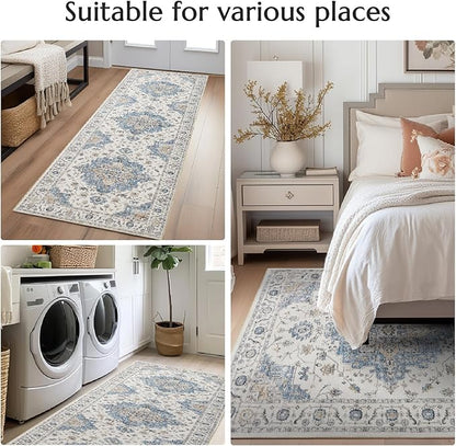 jinchan Area Rug 5x7 Vintage Washable Bedroom Rug Floral Medallion Lightweight Non Slip Thin Retro Classic Soft Boho Floor Cover Farmhouse Carpet for Living Room Dining Room Kitchen Blue