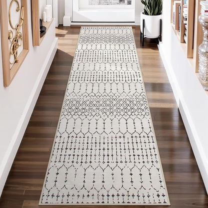 Lahome Moroccan Washable 2x6 Runner Rug, Non-Slip Beige Kitchen Hallway Runner Rug, Ultra Soft Geometric Print Distressed Floor Carpet for Hallways Entryway Bedroom Laundry