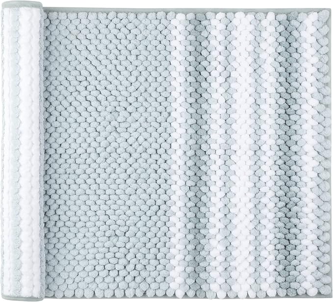 PiccoCasa Chenille Bathroom Rug, Soft Fluffy Absorbent Bath Mat, Medium Pile Striped Carpet Washable Non Slip Bathroom Floor Mats(20"x32",Light Blue & White)