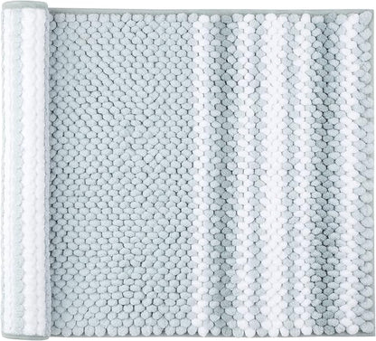 PiccoCasa Chenille Bathroom Rug, Soft Fluffy Absorbent Bath Mat, Medium Pile Striped Carpet Washable Non Slip Bathroom Floor Mats(20"x32",Light Blue & White)