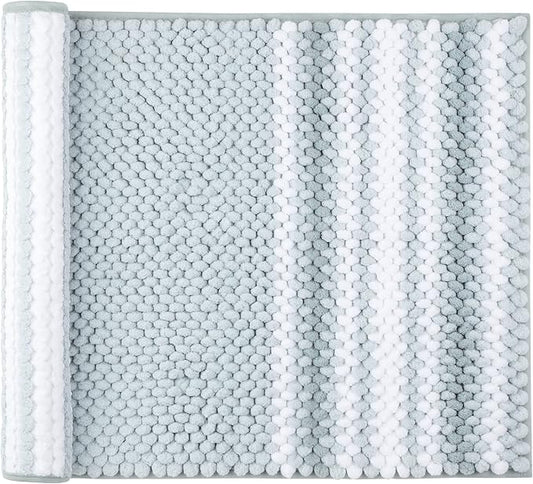 PiccoCasa Chenille Bathroom Rug, Soft Fluffy Absorbent Bath Mat, Medium Pile Striped Carpet Washable Non Slip Bathroom Floor Mats(20"x32",Light Blue & White)