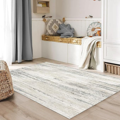 MUJOO Washable Rug 4x6.5,Modern Abstract Area Rugs for Bedroom Living Room Office Playroom,Small Non Slip Throw Carpet Indoor,Low Pile Accent Neutral Beige and Grey