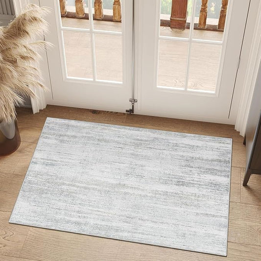 MUJOO Small Rug Washable,2x3 Area Rugs for Entryway Entry Entrance Bedroom Bathroom,Modern Abstract Low Pile Throw Rug,Front Door Mat Non Slip Accent Neutral Carpet Indoor Grey