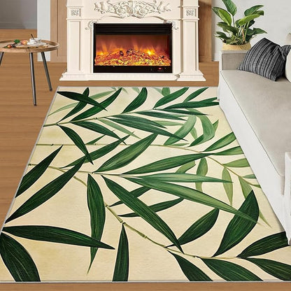 3x5 Bamboo Leaves Dorm Rug - Realistic Botanical Art Small Rugs for Bedroom, Minimalist Leaves Area Rug Washable Non Slip for Bedroom Kitchen Living Room Entryway