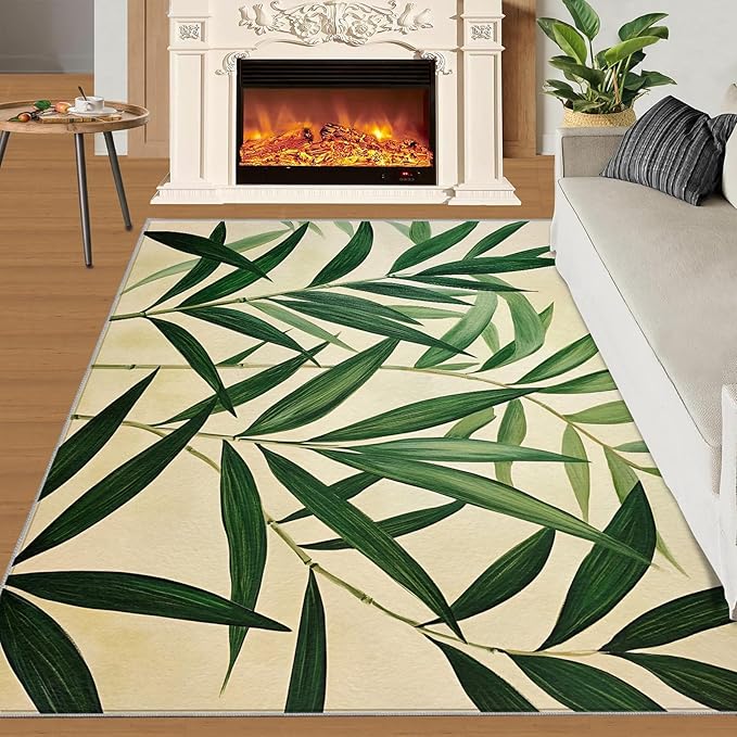 2x3 Bamboo Leaves Rugs for Entryway - Realistic Botanical Art Small Area Rugs, Minimalist Leaves Laundry Room Carpet Non Slip Accent Throw Rug for Bathroom Kitchen Sink Front Door