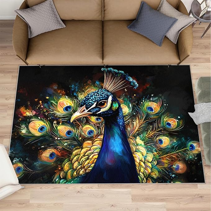 Peacock Rugs for Bedroom - 4x5 Area Rug - 3D Peacock Rugs for Living Room, Abstract Watercolor Animal Rug, Non-Slip Washable Home Decor Carpet
