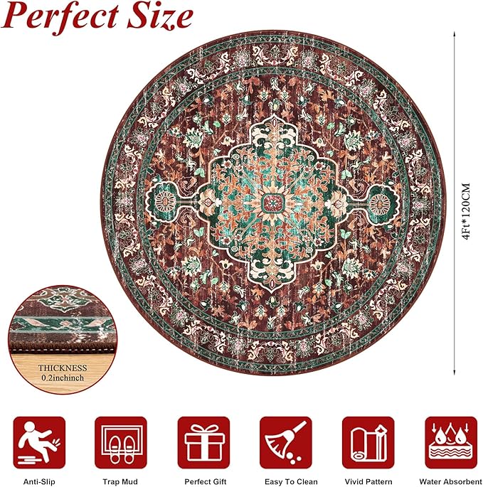 U'Artlines Boho Vintage Round Area Rug 4ft Machine Washable Low Pile Soft Floor Carpet Non Slip Non Shedding Accent Rug for Living Room Bedroom Entryway Dining Room Office Rust＆Teal