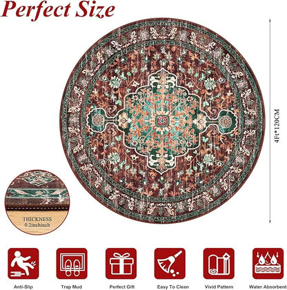 U'Artlines Boho Vintage Round Area Rug 4ft Machine Washable Low Pile Soft Floor Carpet Non Slip Non Shedding Accent Rug for Living Room Bedroom Entryway Dining Room Office Rust＆Teal