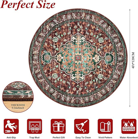 U'Artlines Boho Vintage Round Area Rug 4ft Machine Washable Low Pile Soft Floor Carpet Non Slip Non Shedding Accent Rug for Living Room Bedroom Entryway Dining Room Office Rust＆Teal