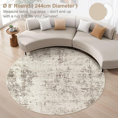 8ft Round Area Rug Living Room Rugs - 8x8 Washable Neutral Modern Abstract Soft Thin Rug Indoor Floor No Slip Rug Carpet for Bedroom Under Dining Table Home Office Decor - Golden Grey
