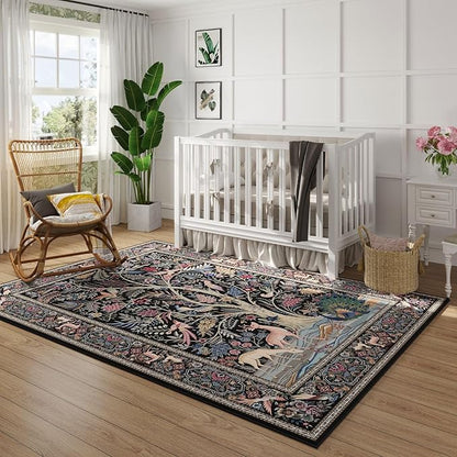 Rugcomf 3x5 Rug Vibrant Tree of Life-Patterned Vintage Non Slip Low Pile Small Carpet for Bedroom Bedside Kitchen Entryway Kids Room Office College Dorm Essentials for Girls, Black