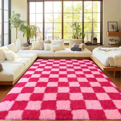 Area Rugs for Living Room, Soft Shaggy Carpets for Living Room, Fuzzy Rugs for Kids' Room, Perfect Decor for Modern Home Hot Pink Grid 6x9 Feet