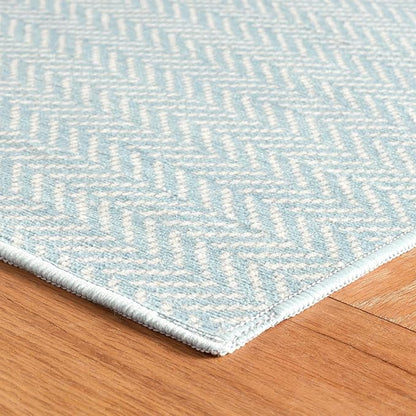 Dash & Albert Herringbone Navy Machine Washable Rug, 7.5 X 9.5 Feet, Blue Geometric Pattern
